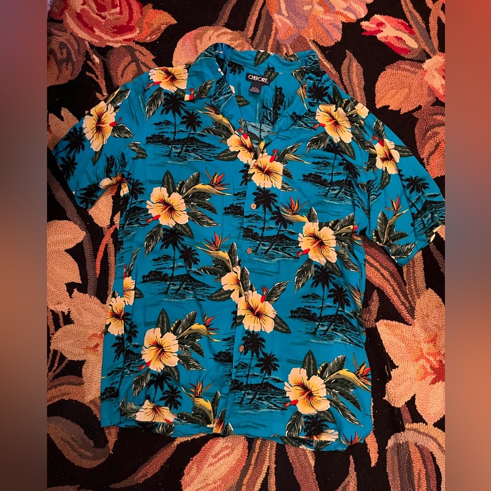 Cherokee Blue Hawaiian Floral Button Down Shirt